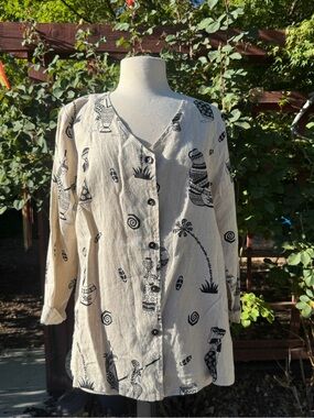 Vintage Hot Cotton Beige Button-Front Tunic with Black Tribal Print